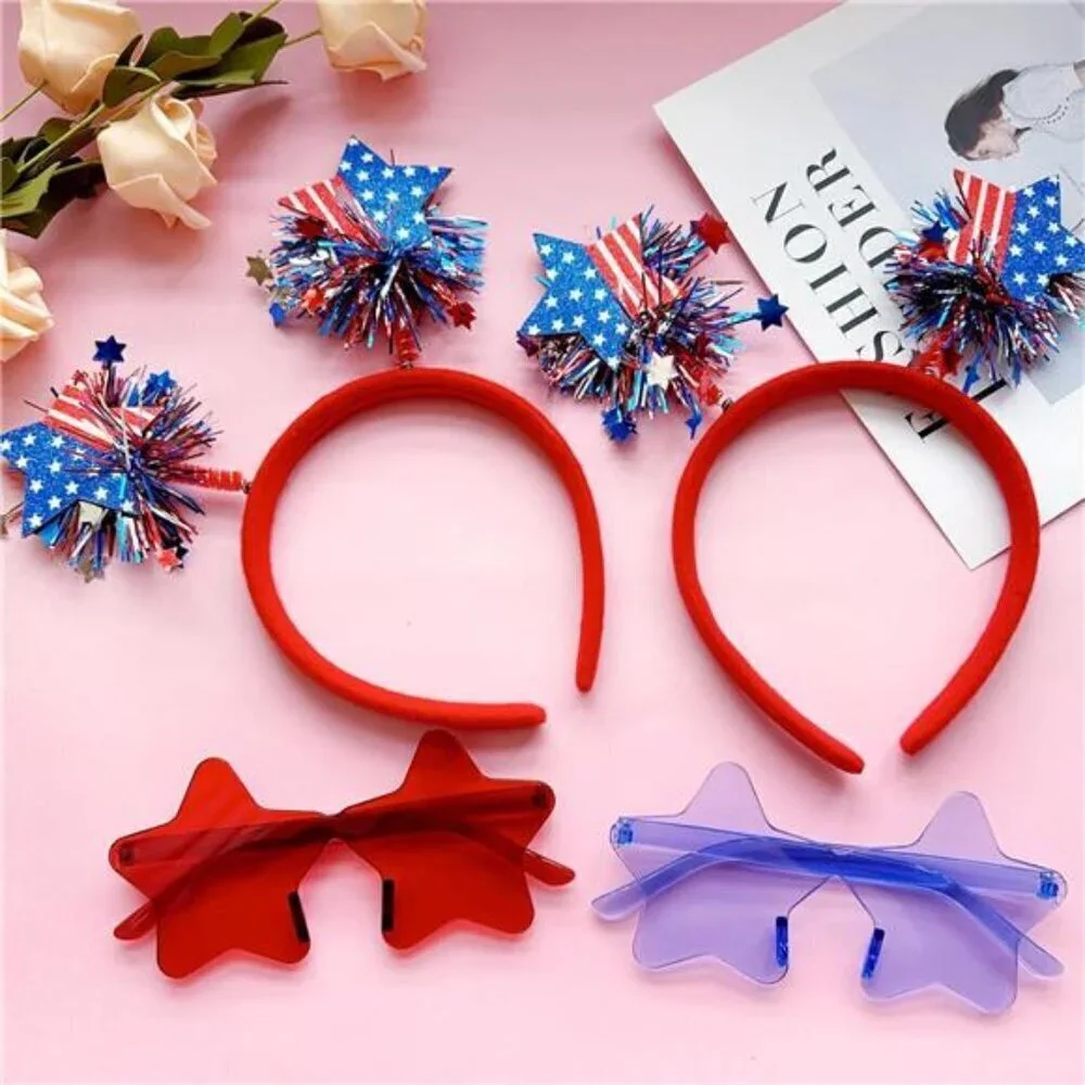 4 PCS Patriotic Accessories-2 Independence Day Headbands 2 Star Shaped glasses